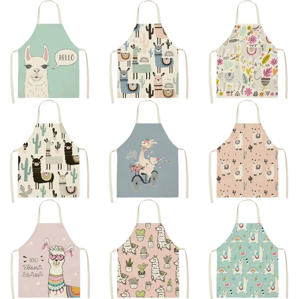 Alpaca llama Cactus Printed Sleeveless Aprons 55*68cm Cotton Linen Kitchen Women Pinafore Home Cooking Baking Waist Bibs