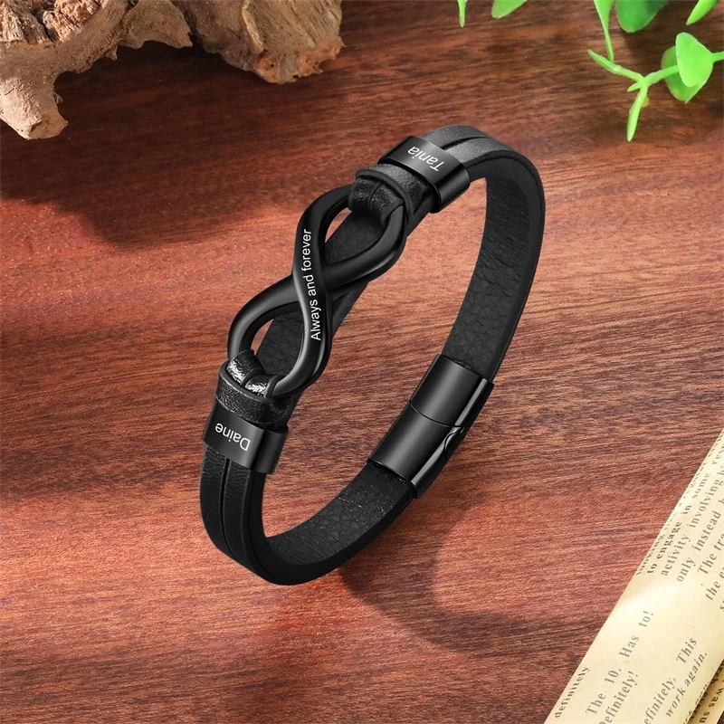 Personalized Infinity Name Bracelets for Men Custom Mens Leather Bracelet with 2-6 Names Customized Gifts for Dad Husband Son