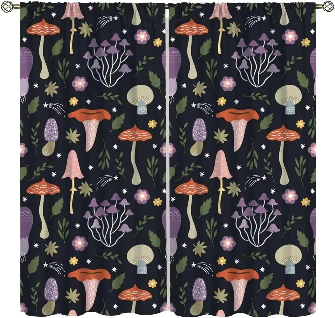 Whimsical Mushroom Print Curtains 2pcs Dark Forest Fairy Woodland Decorative Home Window Curtains Curtain Pair