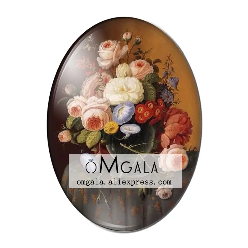 Vintage Oil Painting Rose Flowers 10pcs 13x18mm/18x25mm/30x40mm Oval photo glass cabochon demo flat back Making findings
