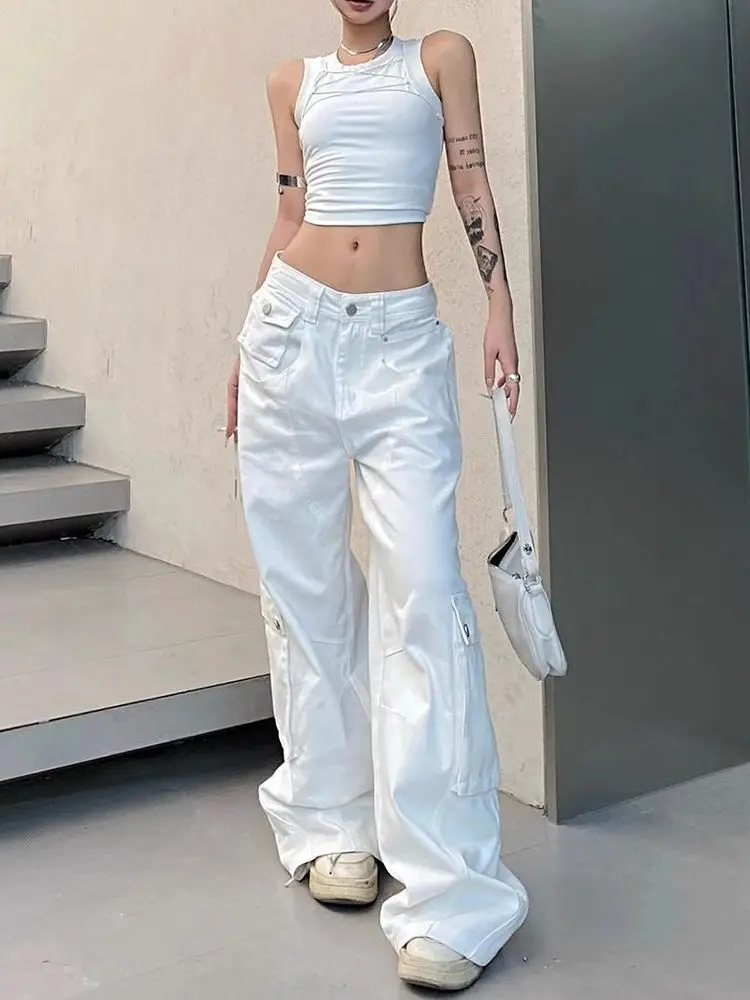 ADAgirl Women Low Waist Denim Pants Y2k Vintage Loose Korean Style Straight Wide Leg Cargo Jeans Harajuku Causal Ladies Trousers