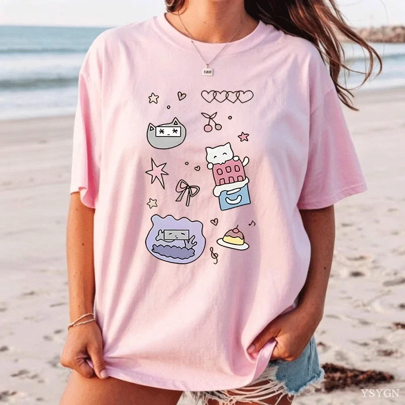 Korean Kitten Cute T-Shirt Loose Fit Short Sleeve Round Neck Tshirt Casual Cotton Printed Tees Unisex Design Clothes Loose Y2k