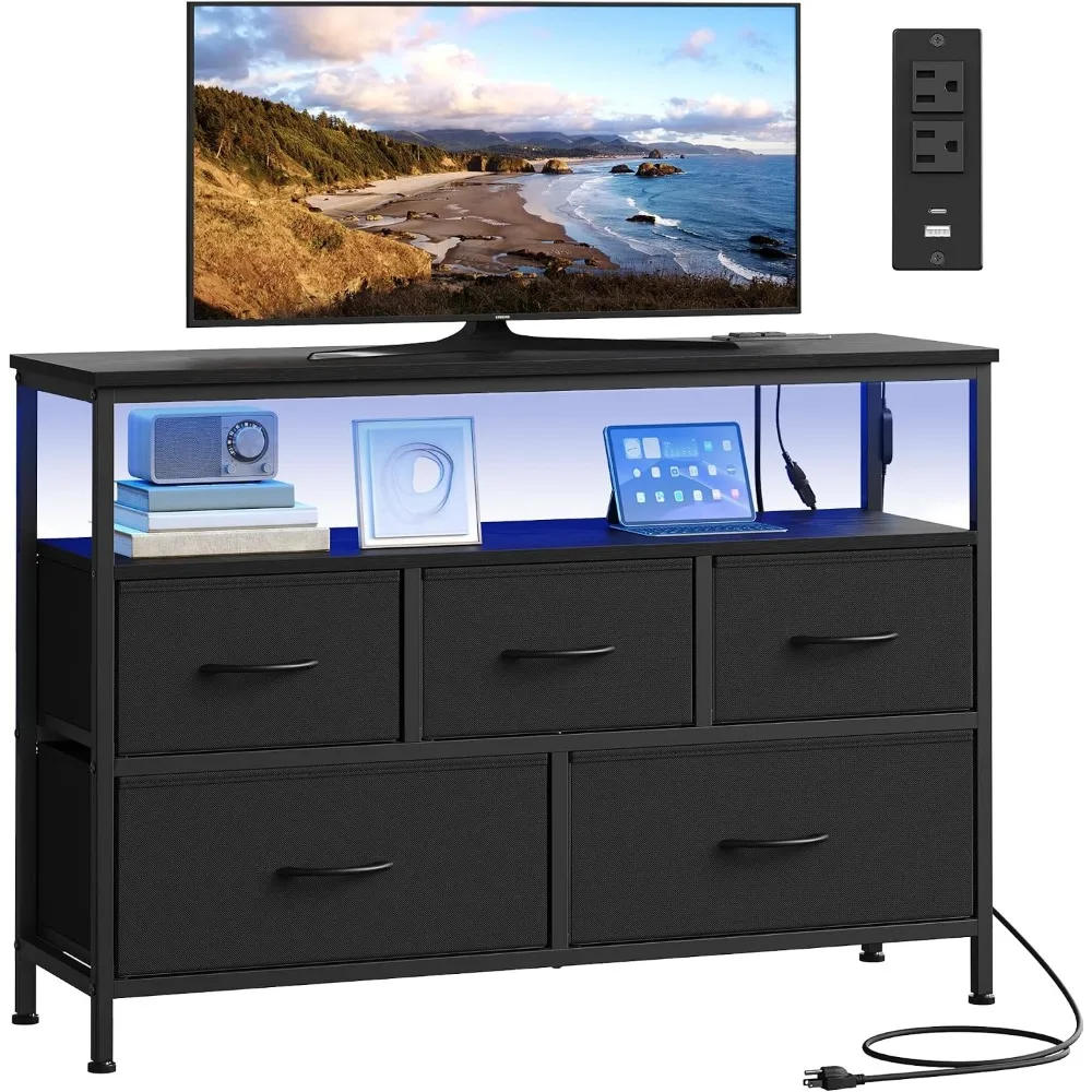 Dresser with LED Lights and Charging Station, Modern 5-Drawer Chest for Bedroom