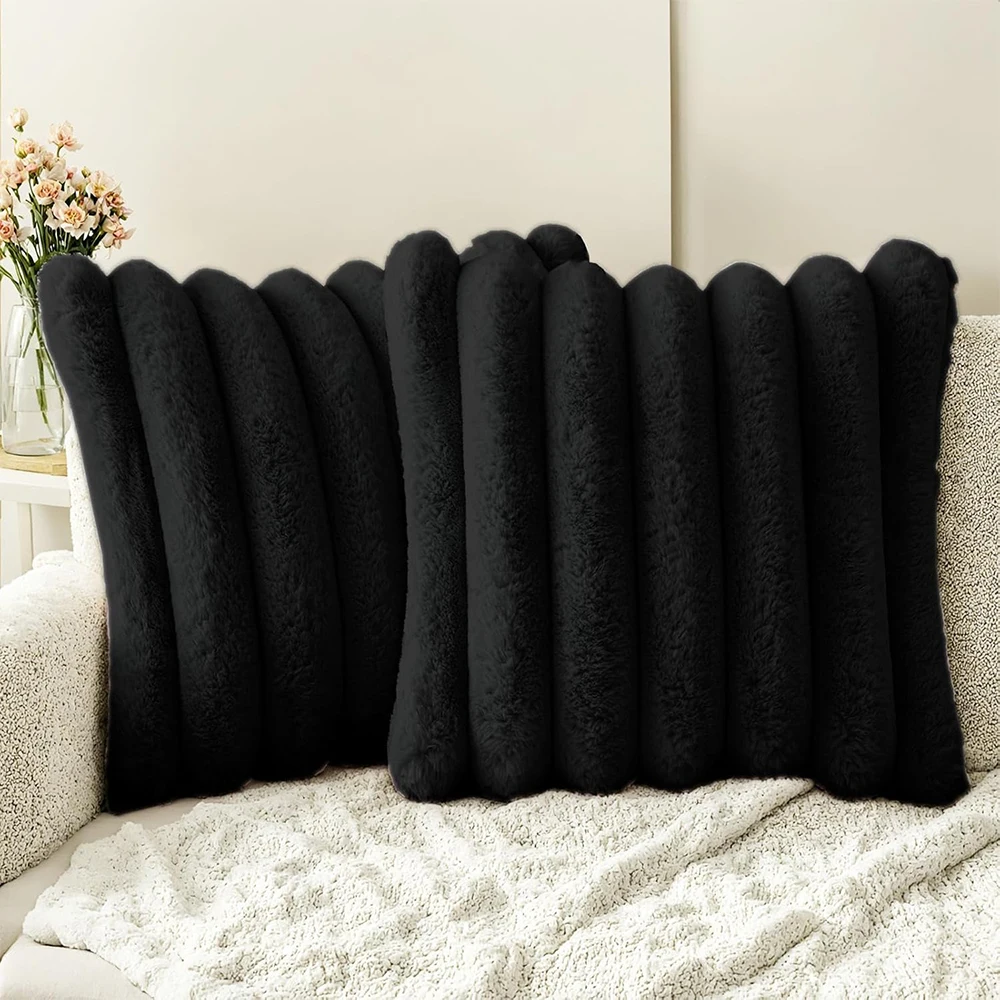 Black Double-Sided Plush Throw Pillow Covers 18x18 Fuzzy Striped Cozy Pillowcase Decorative Pillows Square Fluffy Cushion Covers