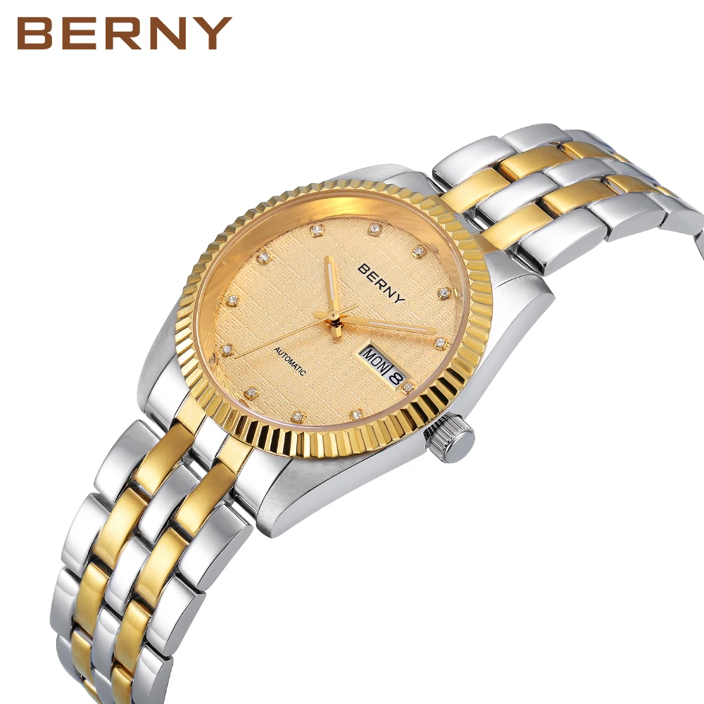 BERNY Mechanical Watches for Men Sapphire Automatic Men's Watch Chinese Style happiness Full Stainless steel Wristwatch 5ATM
