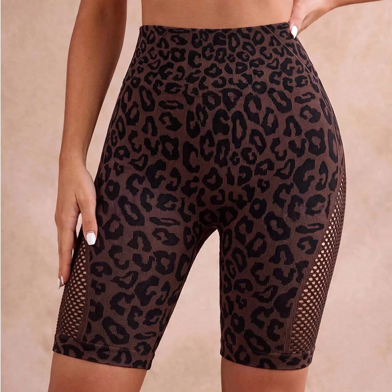 Women’s Leopard Yoga Shorts High Waist Hollow Out Sporty Short Pants Female Casual Gym Fitness Tights Running Workout Leggings