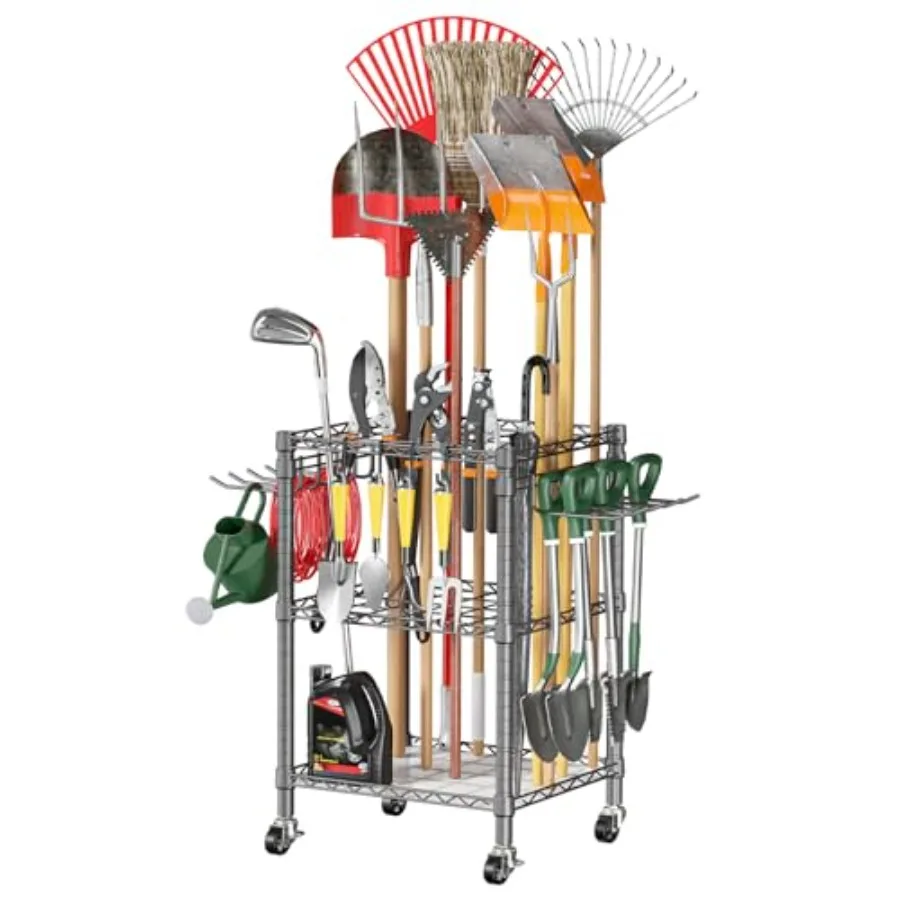 

T1 Garden Tool Organizer with Lockable Wheels Heavy Duty Garage Tool Storage for Yard Shed Outdoor and Lawn Freestanding Tool O