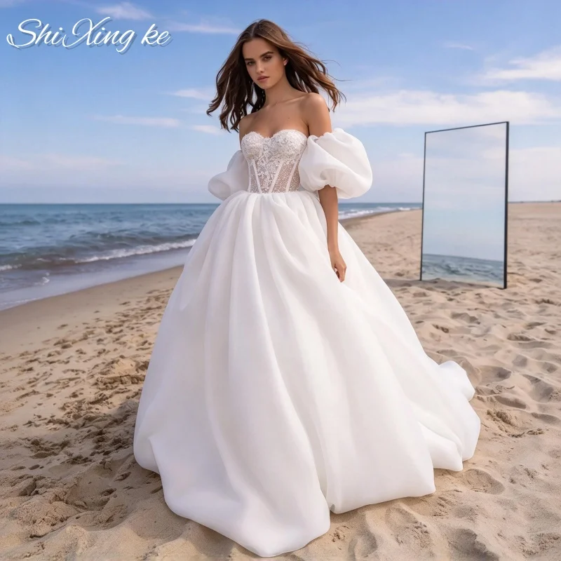 Elegant Bridal Gown Voile A Line Sweetheart Puff Sleeve Backless Lace Appliques Beach Wedding Dress Vestidos De Novia Customized