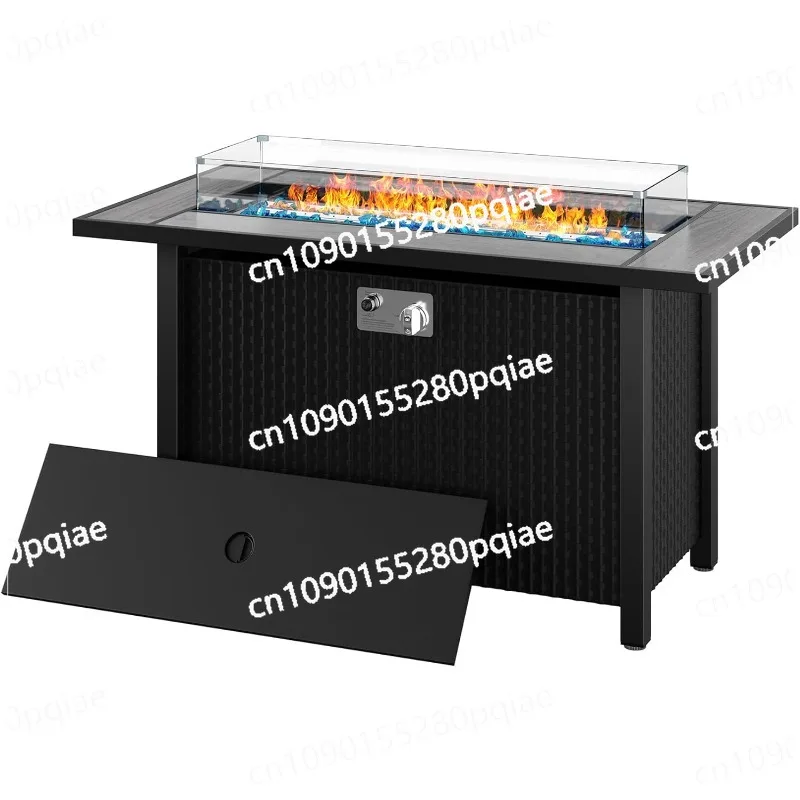 45 Inch Propane Fire Pit Table with Glass Window Protector, Outdoor 50,000 BTU Steel Gas Fire Pit with Lid, Glass Crystal Stone