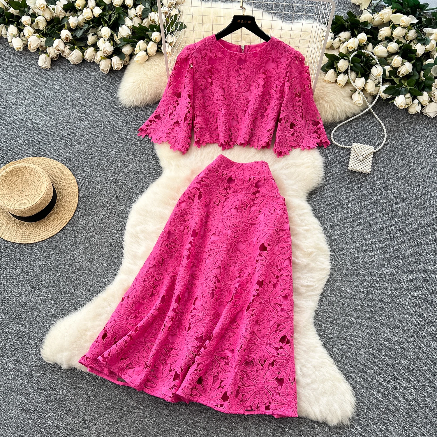 

Fashion 2025 Summer new Sexy Lace Embroidery Hook Flower Hollow Crochet Set Women 2 Pieces O-Neck Tops And skirt Spring Suits