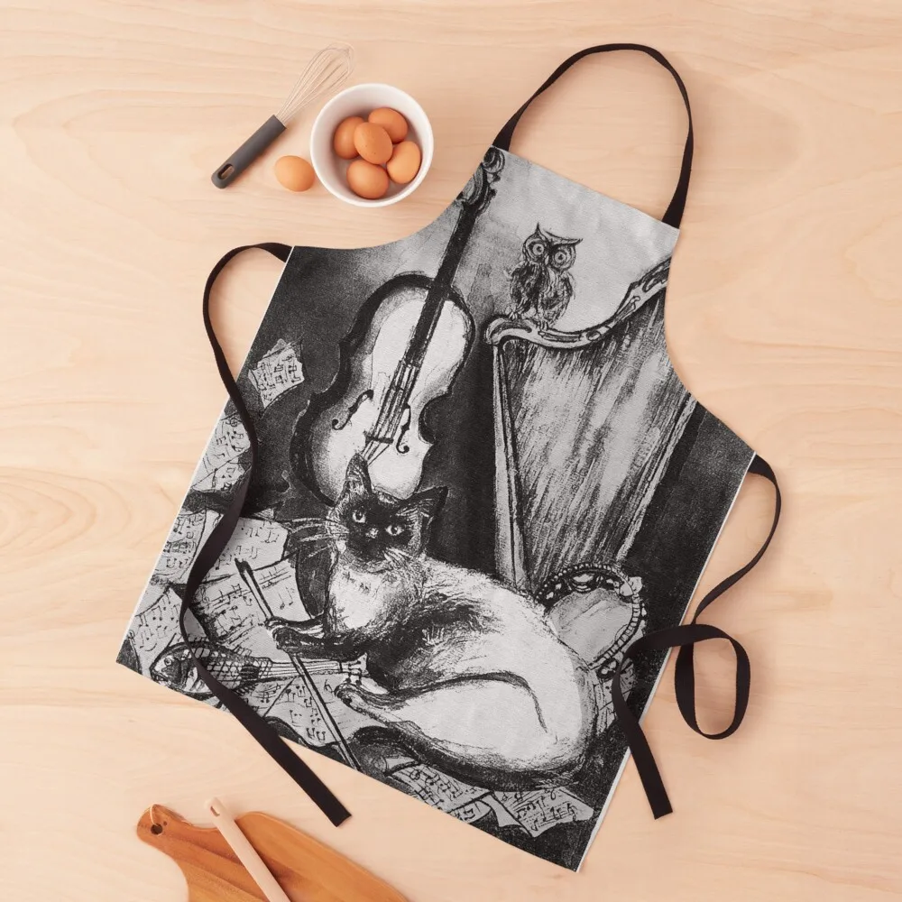 

MUSICAL CAT AND OWL WITH MUSIC INSTRUMENTS Black and White Watercolor by Bulgan Lumini Apron kitchen clothes Home Supplies Apron