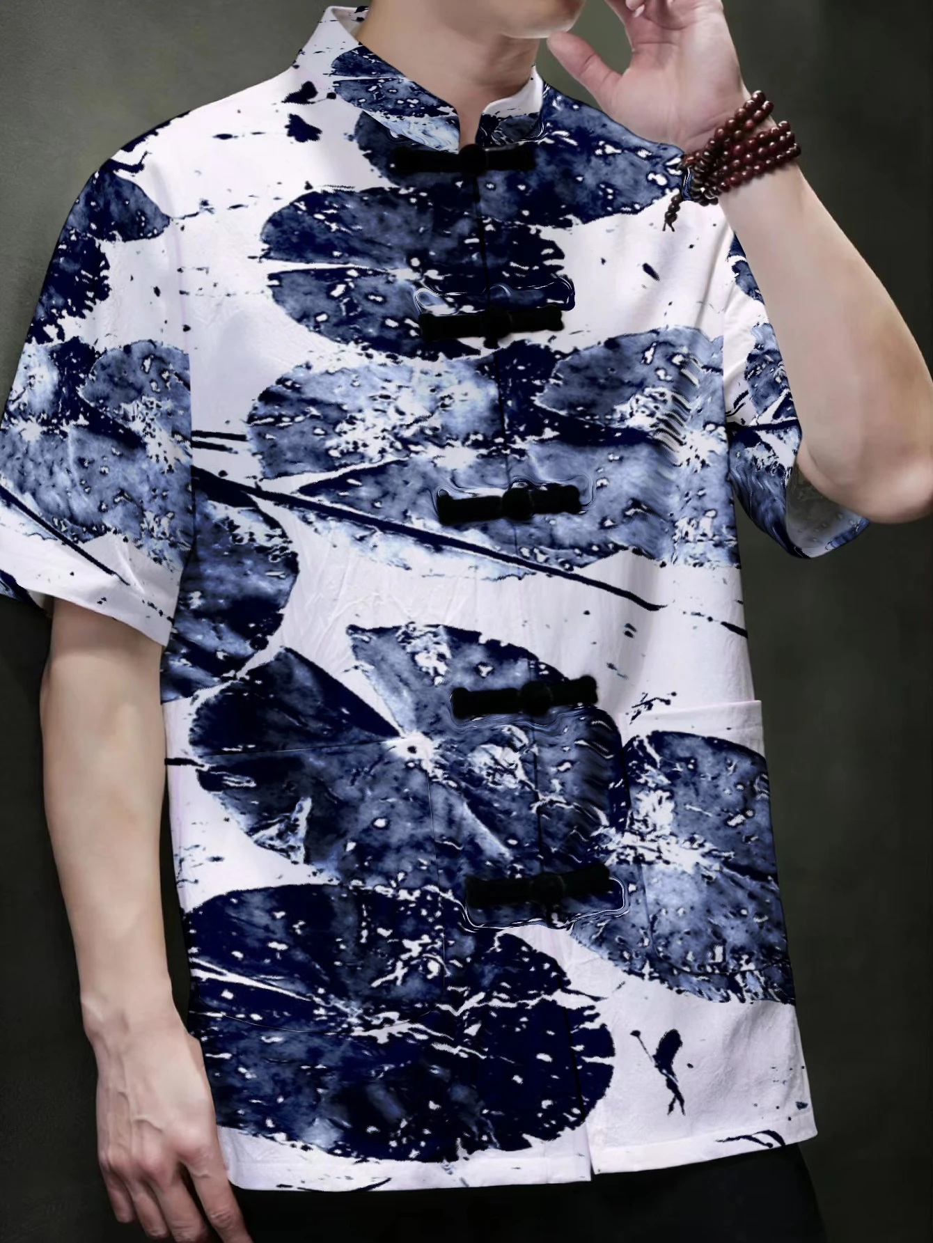 Men Men Mandarin Collar Frog Button Short Sleeve Shirt Retro Blue White Botanical Print Oriental Casual Top With Dual Front Pockets - Aliexpress Deal