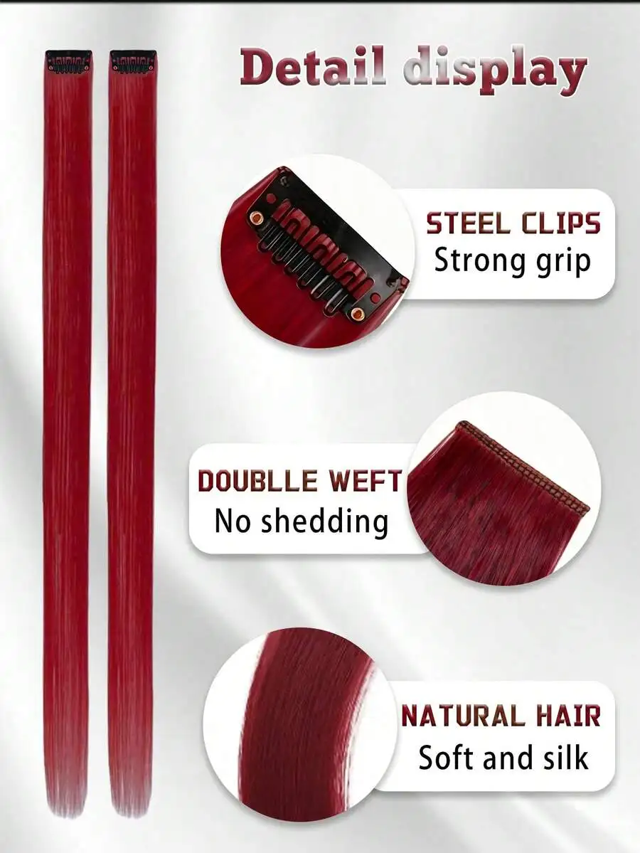 

5pcs Wine Red Clip-In Hair Extensions 24 Inch Straight Synthetic Hair For Women Festival Party Costume