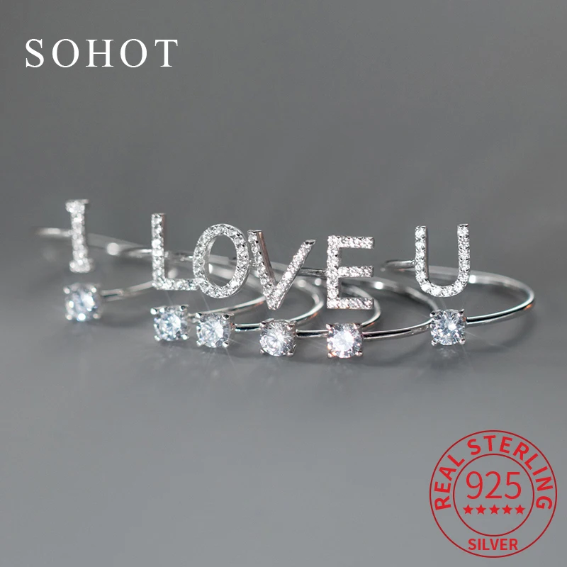 

Real 925 Sterling Silver 26 Letter Zircon Adjustable Ring For Fashion Women Geometric Fine Jewelry Personality Accessories
