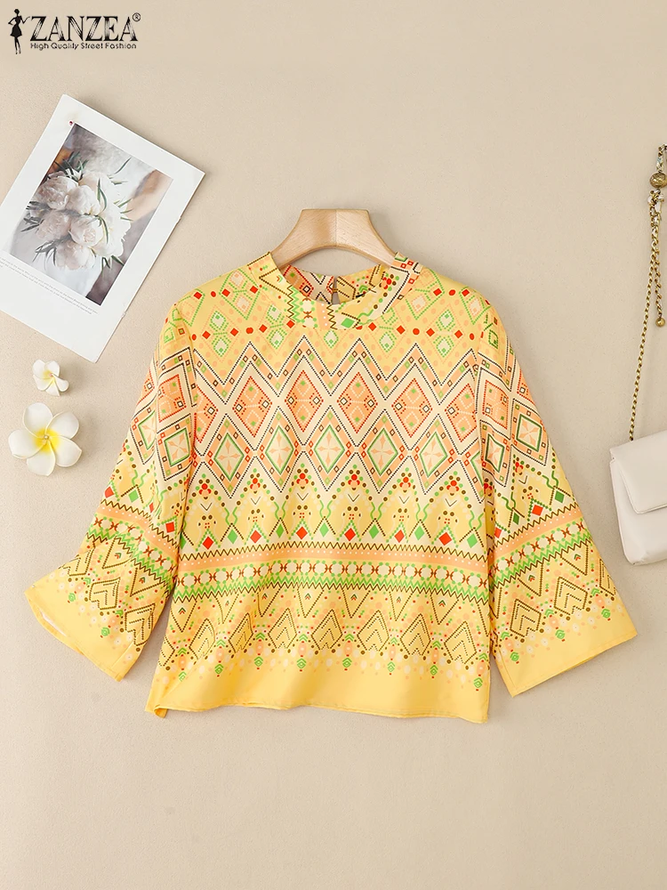 ZANZEA-Blusas étnicas Vintage con estampado geométrico para Mujer, Blusas holgadas informales con cuello redondo y manga 3/4, Tops Ikat para vacaciones 2025