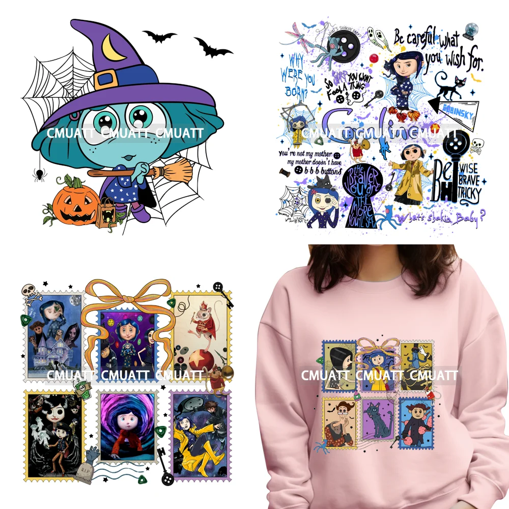 

Trendy Horror Girl Movie Fans Cartoon Halloween Coquette Bow Iron on Washable DTF Transfers Stickers Ready to Press for Hoodies