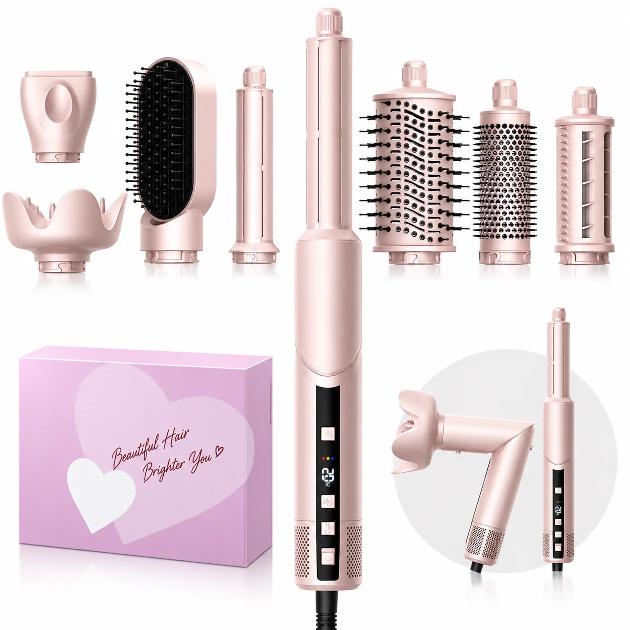 Atopskins 8-in-1 Pink Hair Dryer Multi-Function Styling Curling Comb Negative Ion 14000W Hair Blower for Beautiful Hair Tools