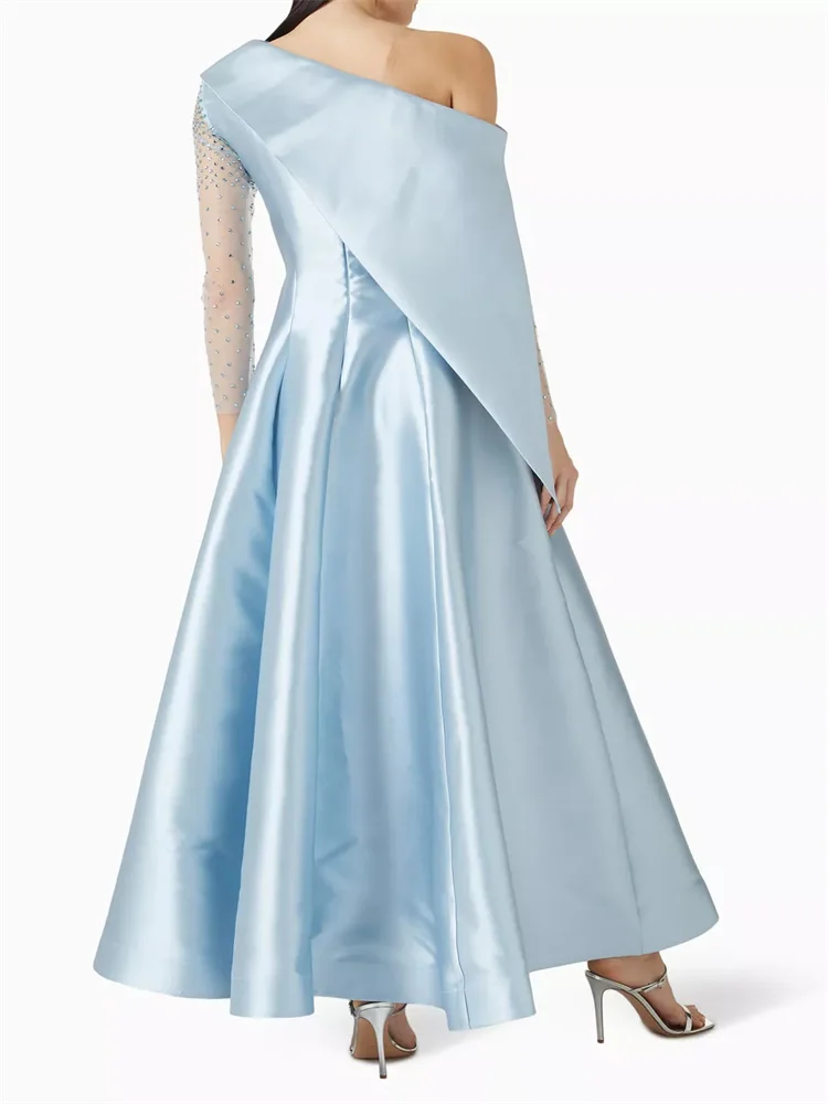 Customized Chic Rhinestone Formal Evening Dress One-shoulder Transparent Rhinestone Long-sleeved Draped Neckline A-line Dress