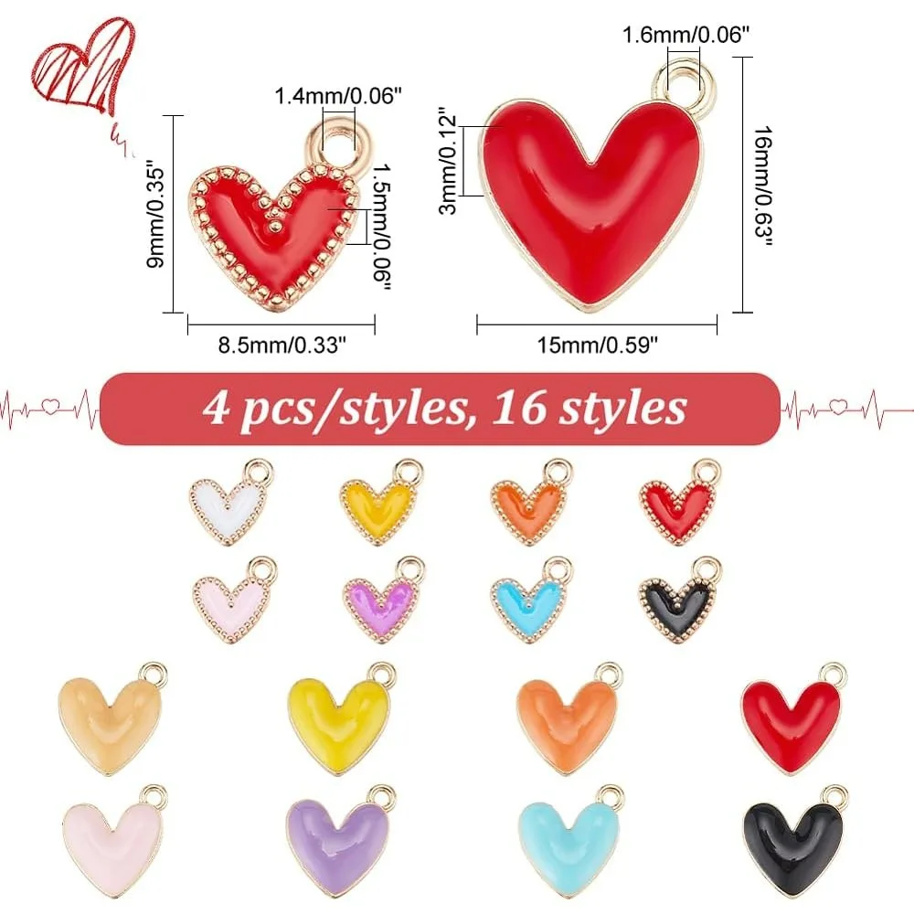 64pcs 8 Colors Heart Charms 2 Sizes Alloy Enamel Heart Pendants 9x8/16x15mm Love Heart Beads Dangle Charms Colorful Small Charms