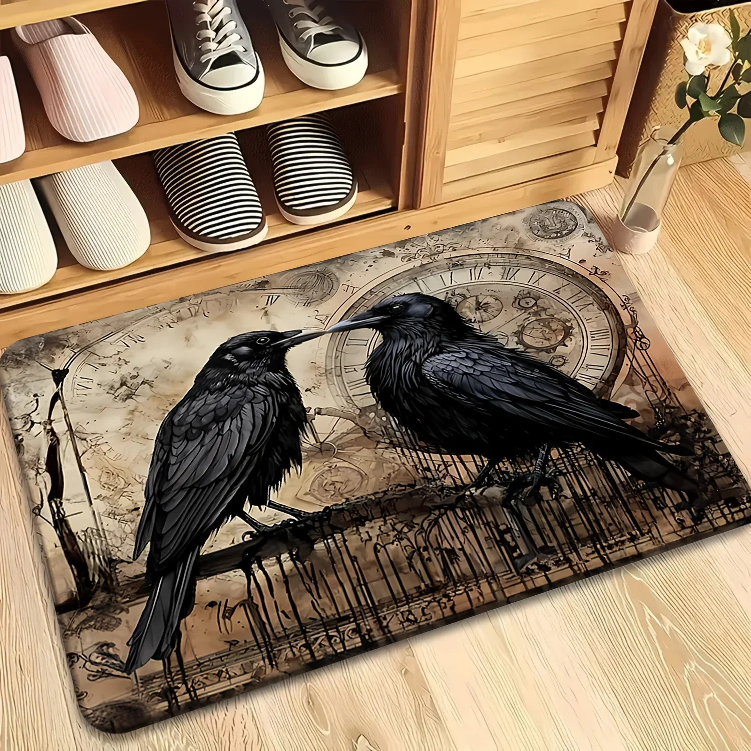 Gothic Black Ravens Steampunk Clock Non Slip Soft Area Rug Washable Indoor Floor Mat Dark Academia Witchy Home Decor