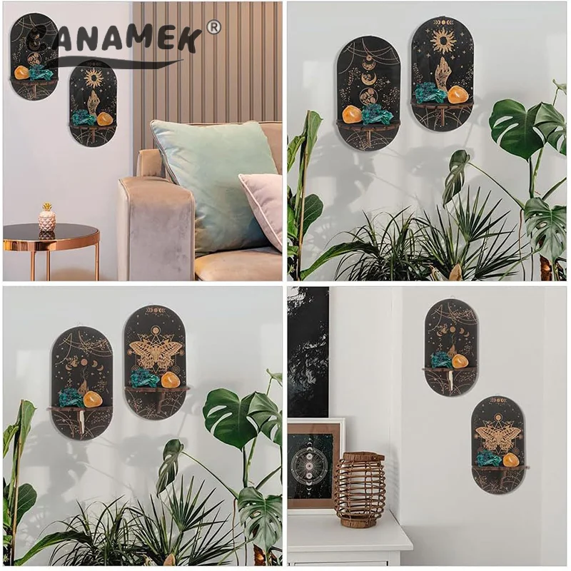 حامل كريستال مبتكر منحوت بالخشب، رف عرض حائط بوهو مع حامل شموع #4