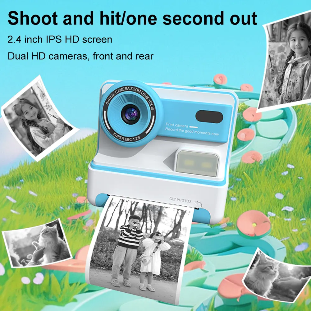 Kids Mini Instant Print Camera 2.4 Screen Photo Printing Camera with 3 Rolls Print Paper Fun DIY Gift Children Digital Camera