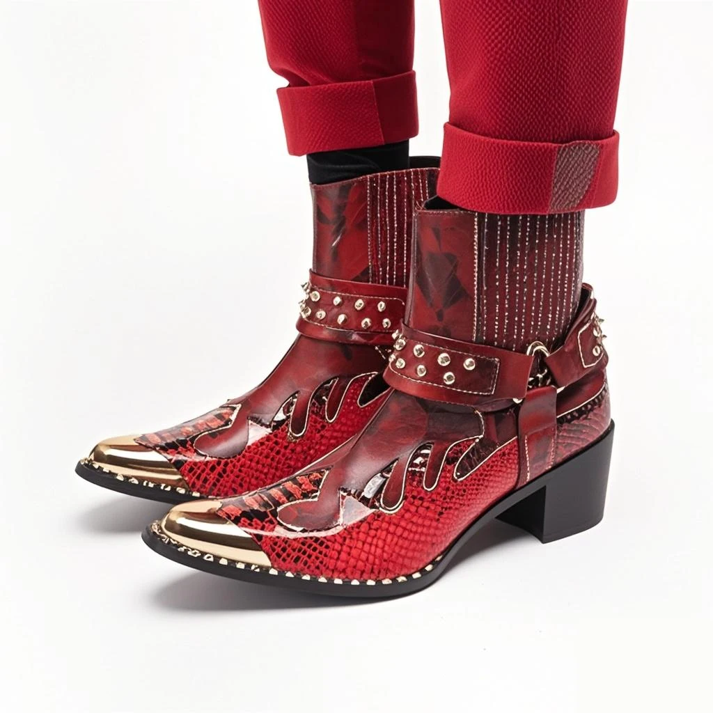 Herren-Designer-Stiefeletten aus echtem Leder mit Metallspitze, Nieten-Dekor und Print, Übergrößen, Cowboy-Motorrad-Schuhe für Business – Detail 21