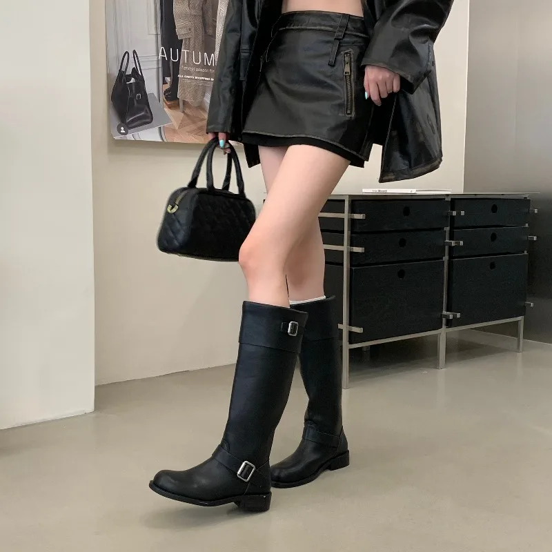 Eilyken New Design Splicing Belt Buckle Knee-High Boots Women Retro Round Toe Square Low Heels Autumn Winter Shoes