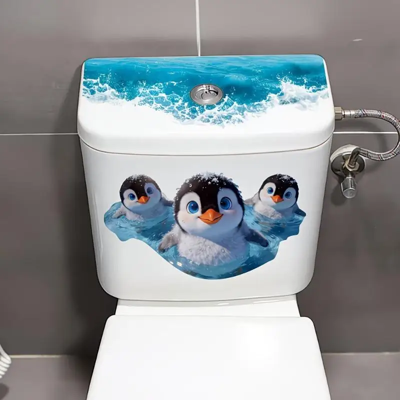 Cute Penguin Toilet Sticker Waterproof Lovely Swimming Pattern Removable Wall Decal for Bathroom Home Decor