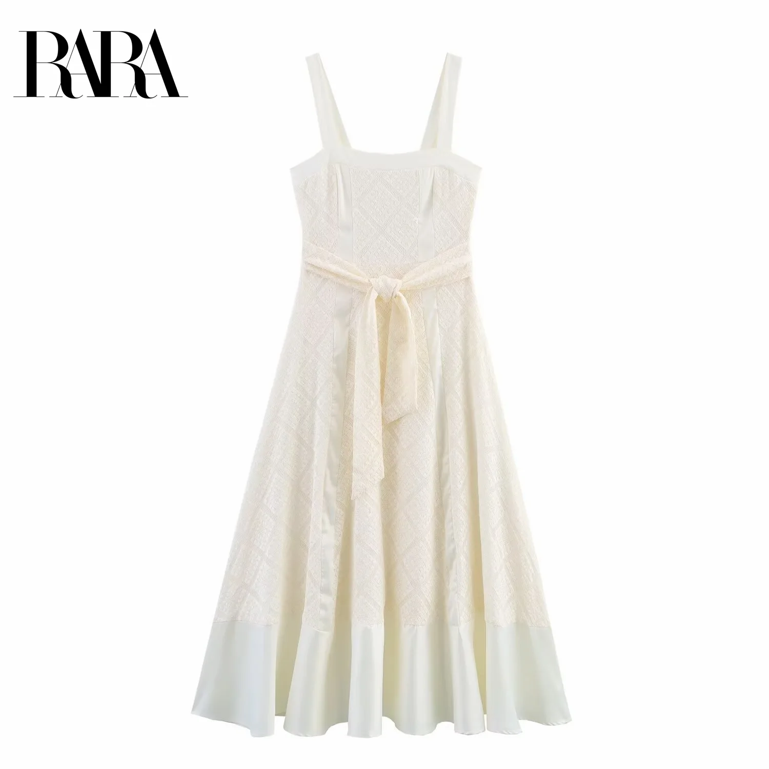 

RARA Womens Elegant Waist Tightening Dress with Lace Patchwork Sleeveless Wide Shoulder Straps Mid Length with Belt Decoration