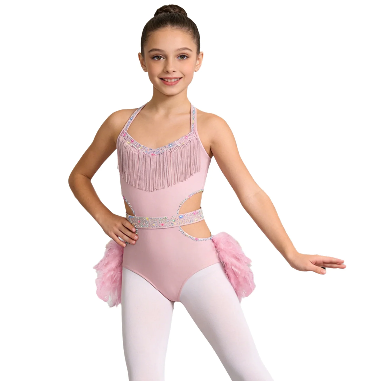 

Kids Girls Feather Skirted Leotards Latin Jazz Rumba Samba Dress Dance Figure Skating Gymnastics Costume Halter Bodice Dancewear