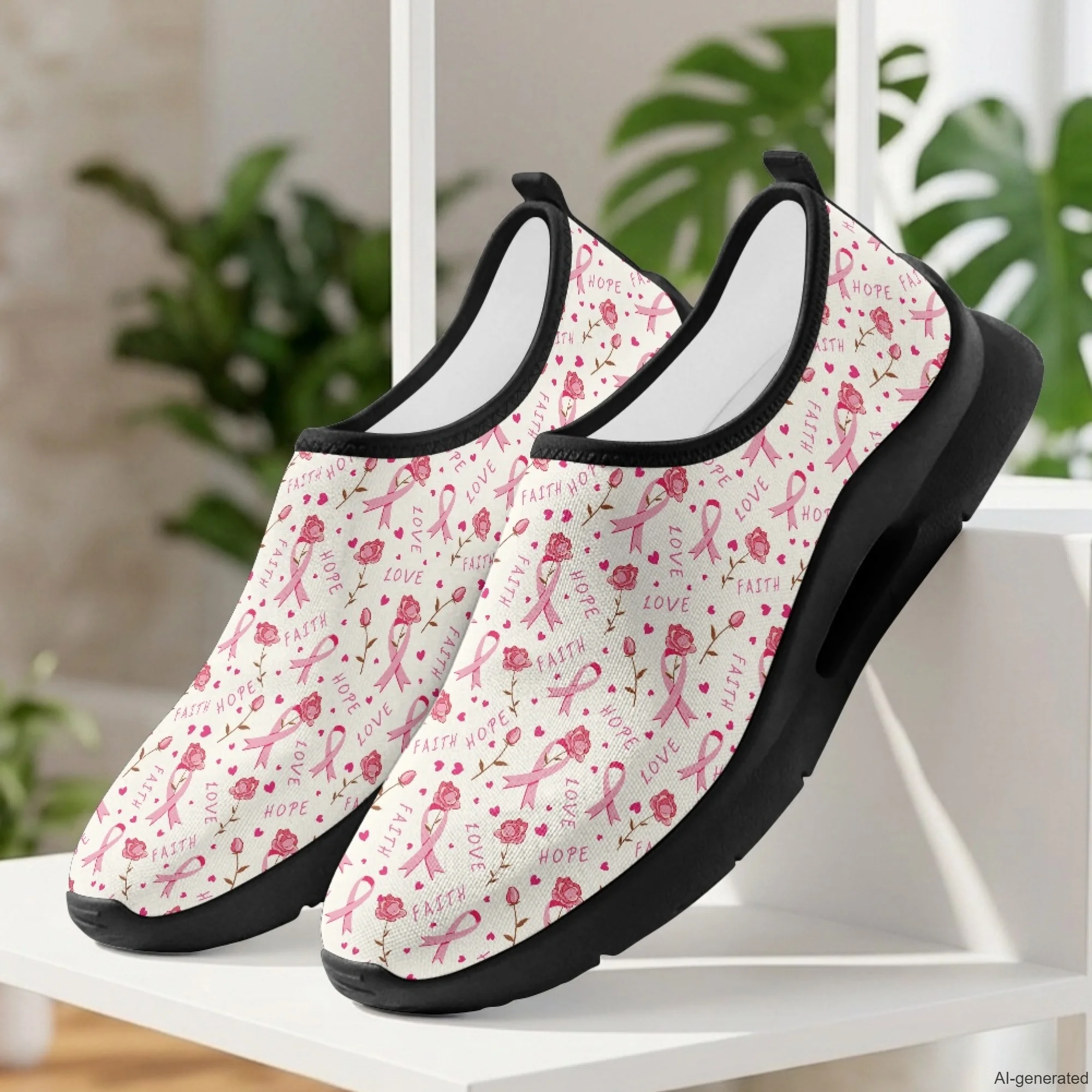 XIXIRIMIDO Womens Nursing Shoes Casual Shoes Slip On Walking Shoes Pink Ribbon Breast Cancer Shoes Walking Shoes for Men 35-48