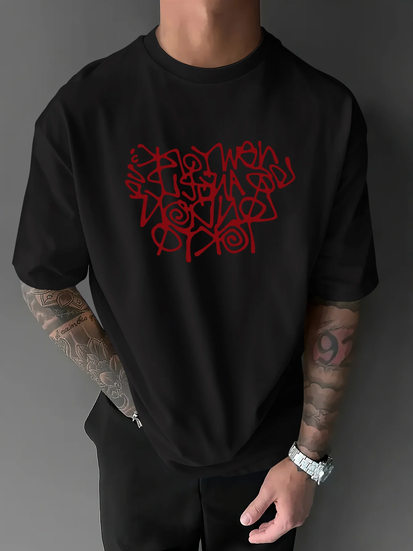 Men Summer Abstract Graffiti Minimalist Irregular Red Letter Pattern T-shirt 100% Cotton Material Suitable for Daily Casual Wear