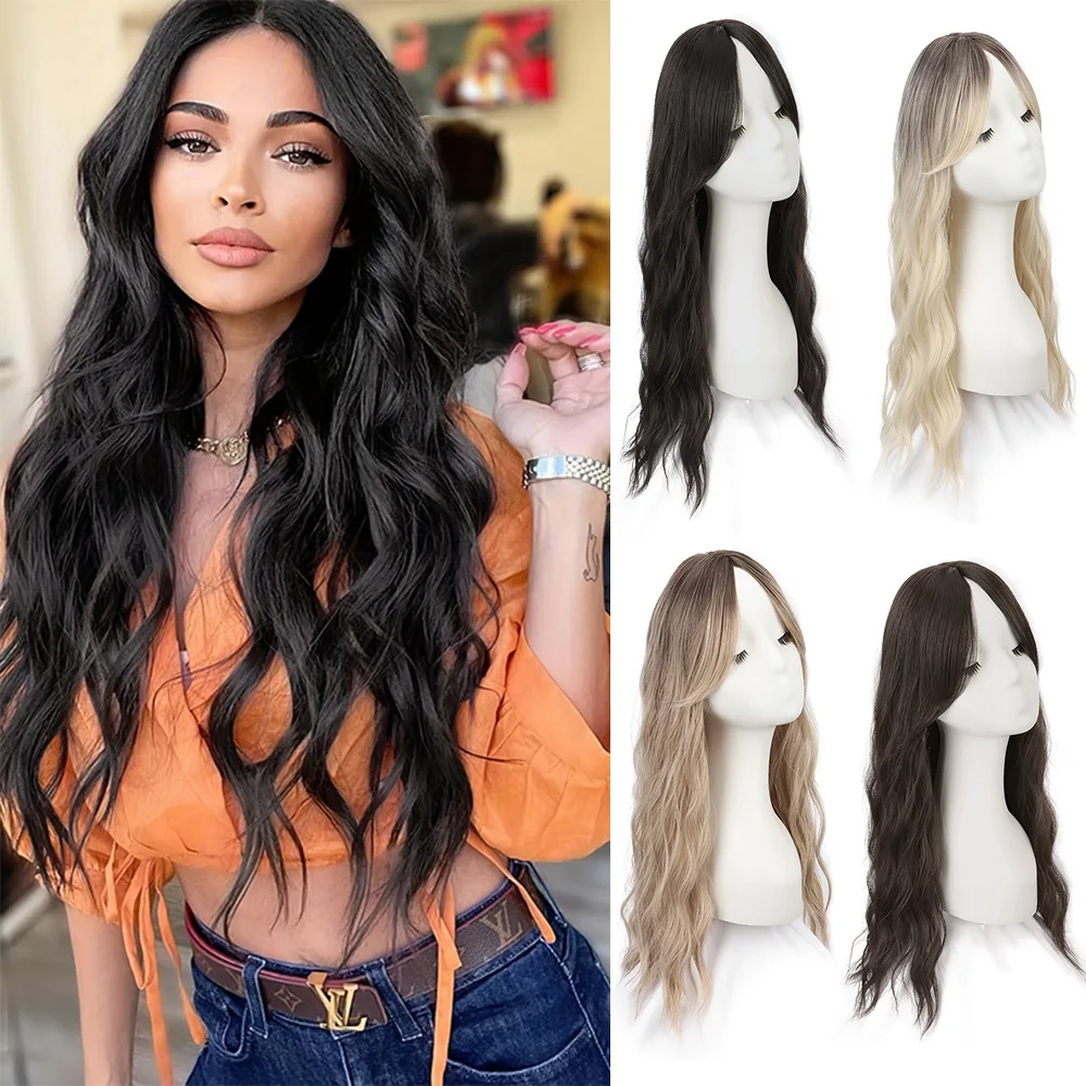 

Длинный волнистый синтетический парик со средней частью, естественный объем, градиент цвета, воздушная челка, термостойкая повседневная одежда