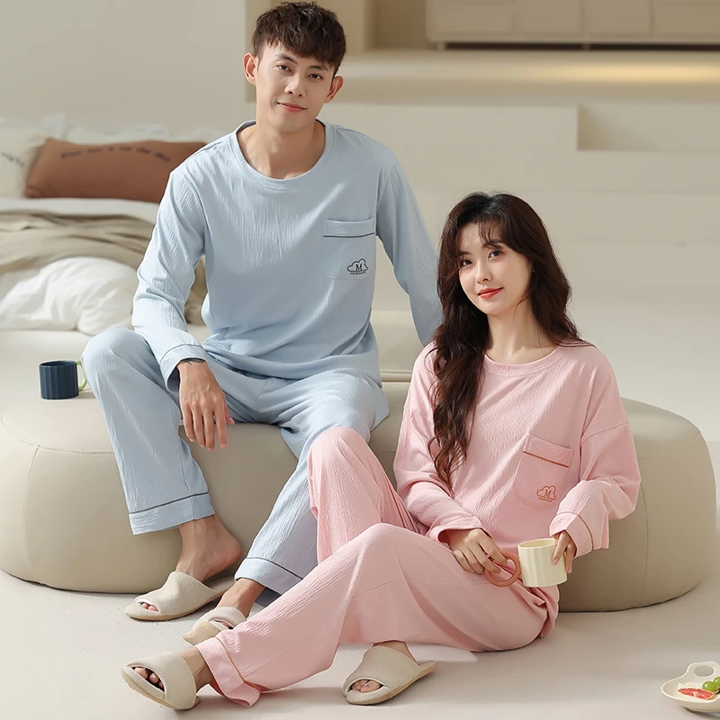 Couples O-Neck Pajamas Solid Color Pajamas Sets Sleepwear Long Sleeve Tops+Long Pants Pajamas Cotton Home Clothing Pijamas Mujer