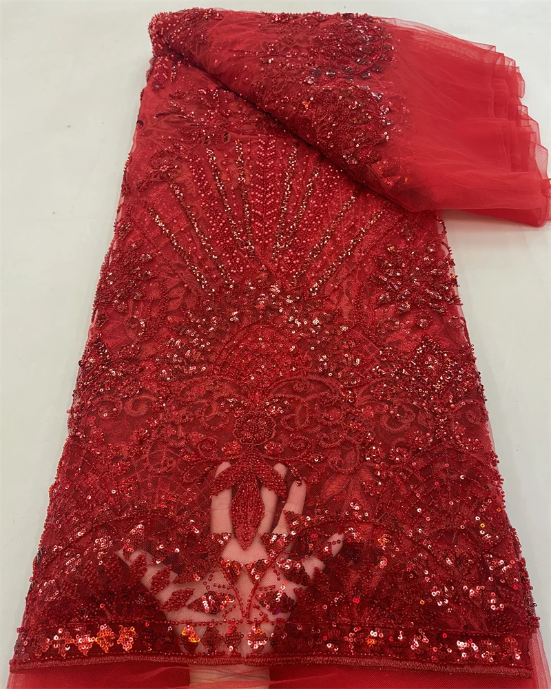 

Red African Beads lace Fabric 2024 High Quality Sequins Embroidery French Beaded Heavy Laces For Nigerian Wedding Dresses Sew