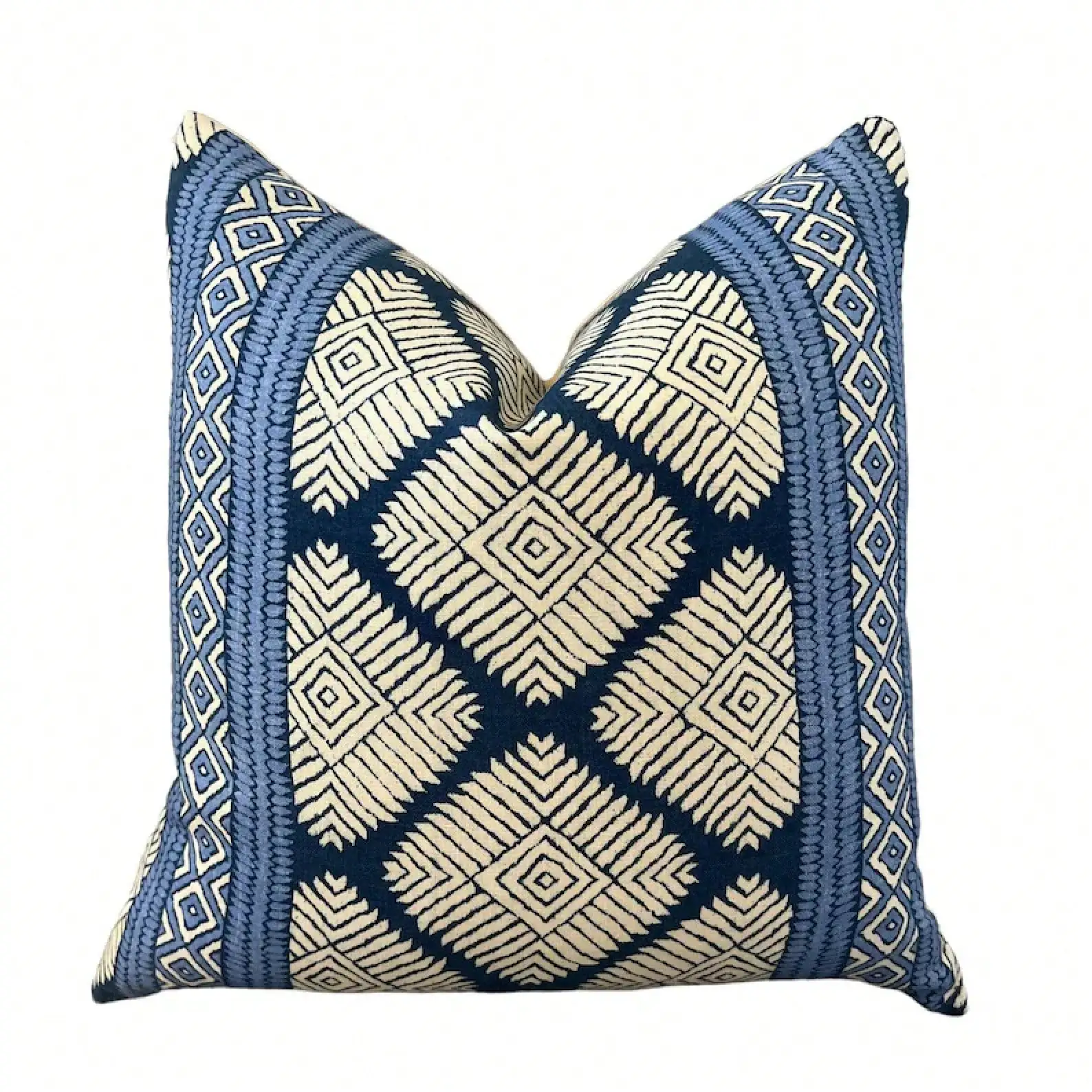 Navy And Sky Blue Striped Pattern Square Throw Pillow Cover With Geometric Border For Couch And Bedroom Decor