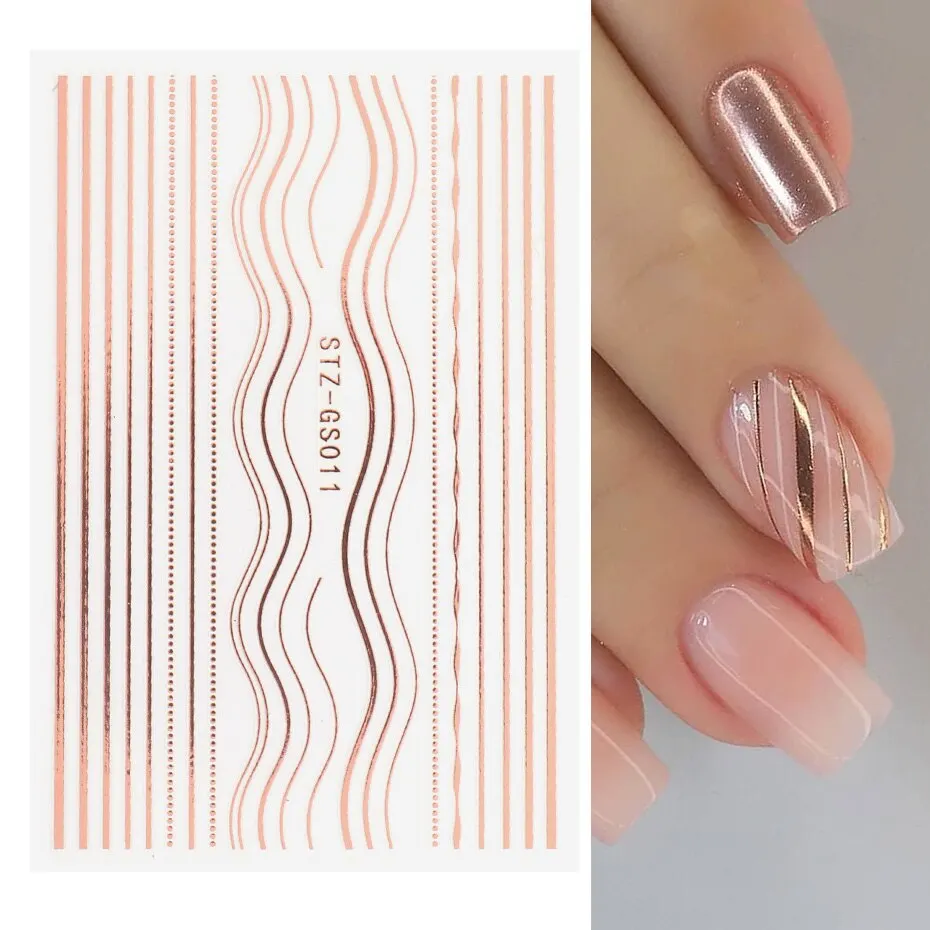 6pcs 3D Striping Tape Line Nail Stickers Rose Gold Metal Letters Decals Curved Strips Nails Art Sliders Manicure Decors