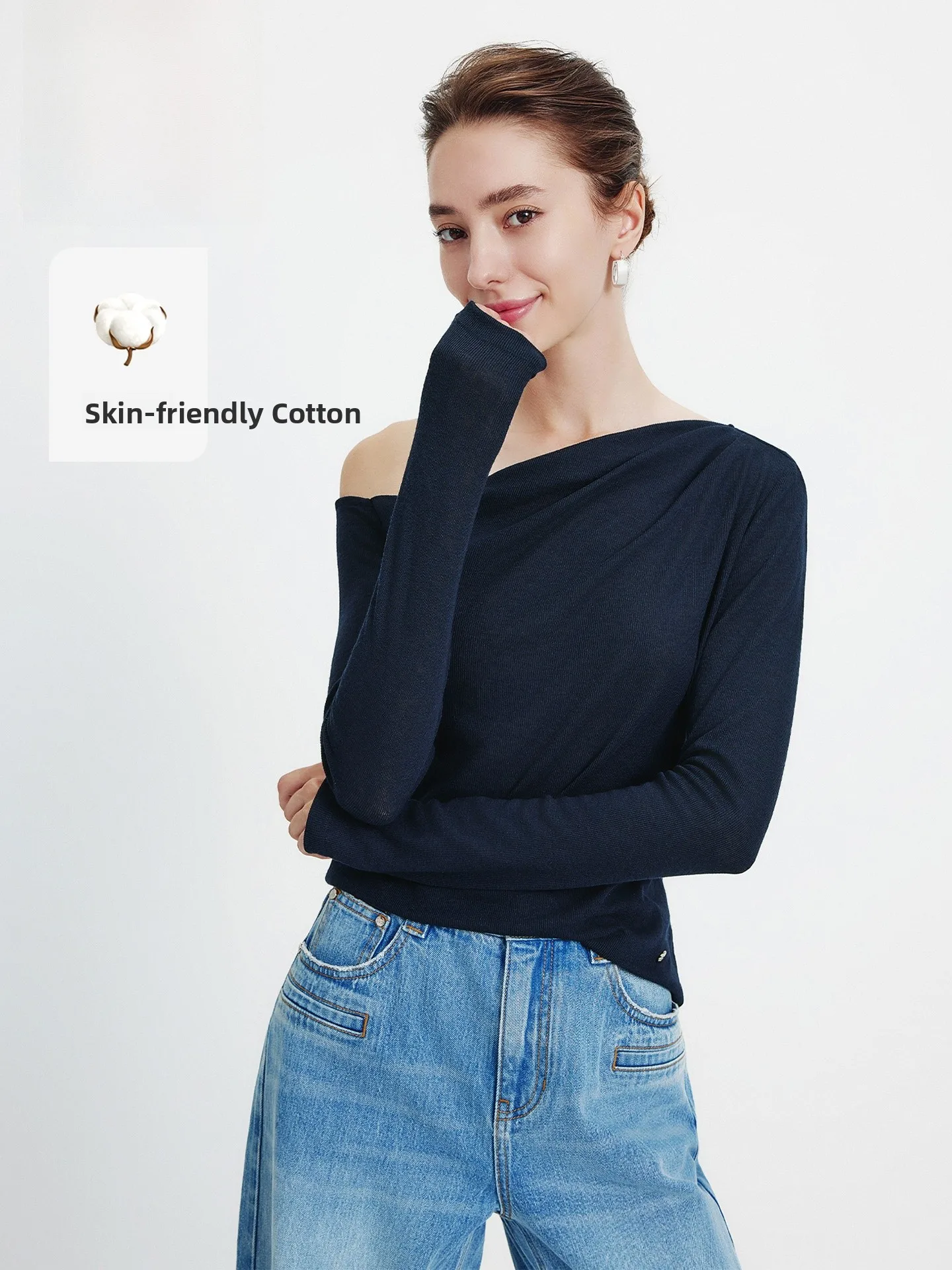 

Navigare Spring New Women's Slim Fit Long Sve T-irt oulder Bared Top French Sle Universal Size Pure Color Cotton Blend
