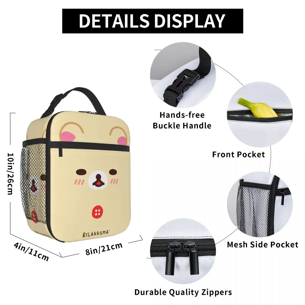 Kawaii Cartoon Rilakkuma Insulated Lunch Bag Thermal Bag Reusable Meal Container Leakproof Tote Lunch Box for Men Women Picnic