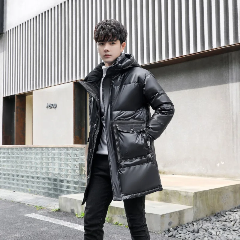 High Quality Men's Casual Bright Warm Hooded Duck Down Jackets Winter Solid Mid-Length Windproof Thicken Puffer Coats Clothing