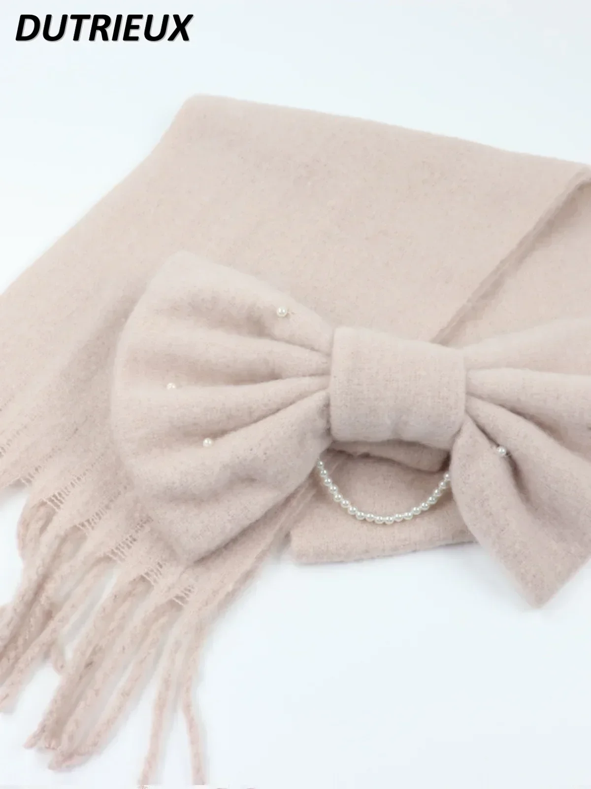 Solid Color Bow Scarf Thickened Warm Winter Solid Color Versatile Sweet and Cute Girls Mine Female Student Scarf Accessories