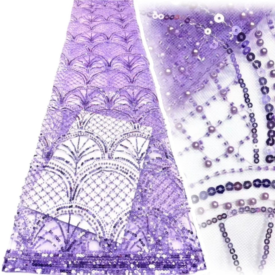 

2026 Red Latest African Beaded Lace Fabric High Quality French Sequin Lace Fabric Nigeria Mesh Tulle Wedding Dresses 5Yards 2230