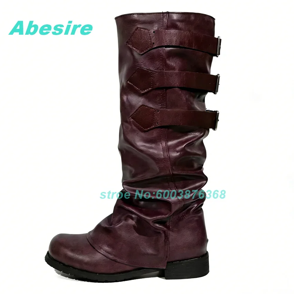 Round Toe Thick Sole Slip On Pleated Stacked Shoes for Women Patchwork Multi-Buckles Knee High Boots Casual Fashion Shoes New