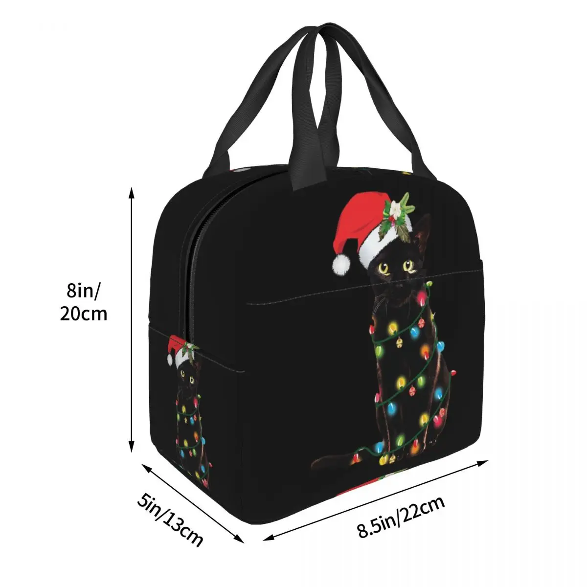 Black Santa Cat Tangled Up In Lights Christmas Santa Insulated Lunch Bag for Women KidsLeakproof Food BoxesThermalLunch Box Tote