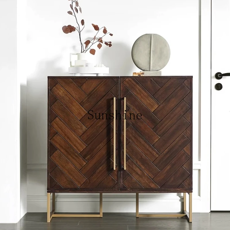 

Nordic light luxury retro solid wood wine cabinet double door storage, wabi-sabi wind, simple storage in the living room