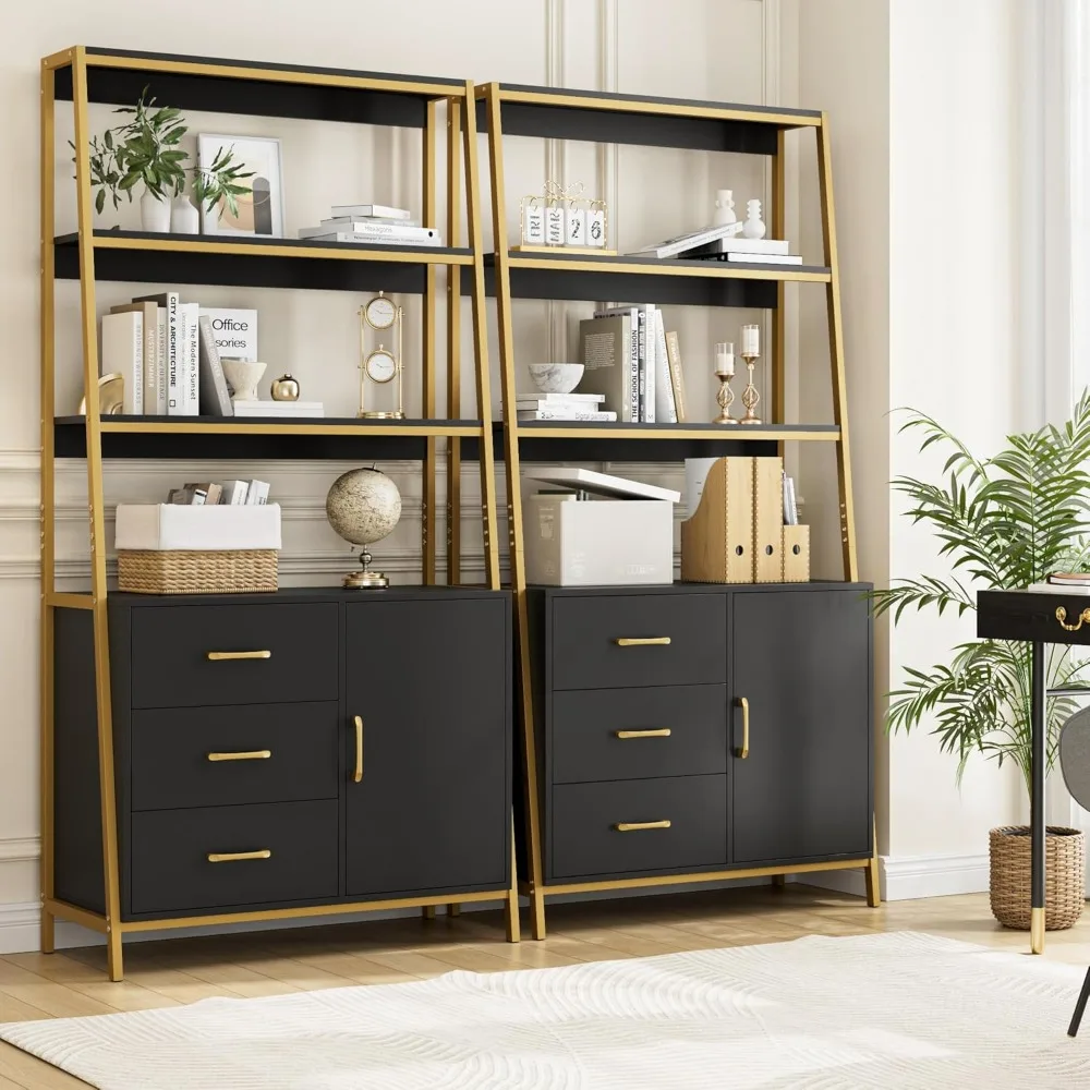 رف كتب طويل 69، خزانة كتب حديثة من 4 طبقات مع أدراج خشبية وأرفف سلم، خزانة تخزين قائمة بذاتها للمطبخ