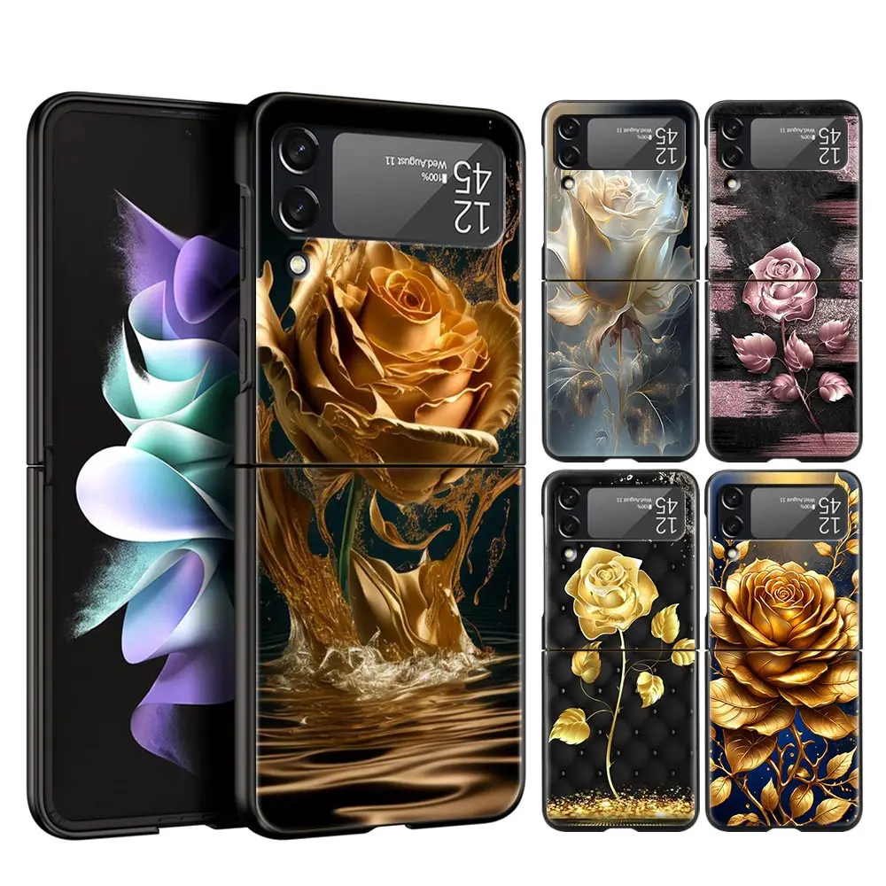 Hard PC Phone Case For Samsung Galaxy Z Flip 7 6 5 4 Black Cover For Galaxy Z Flip 3 Foldable Shockproof Gold Rose Love Heart