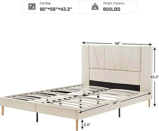 Full Size Bed Frame Upholstered Platform with Linen Fabric Headboard and Strong Wooden Slats No Box Spring Needed Beige