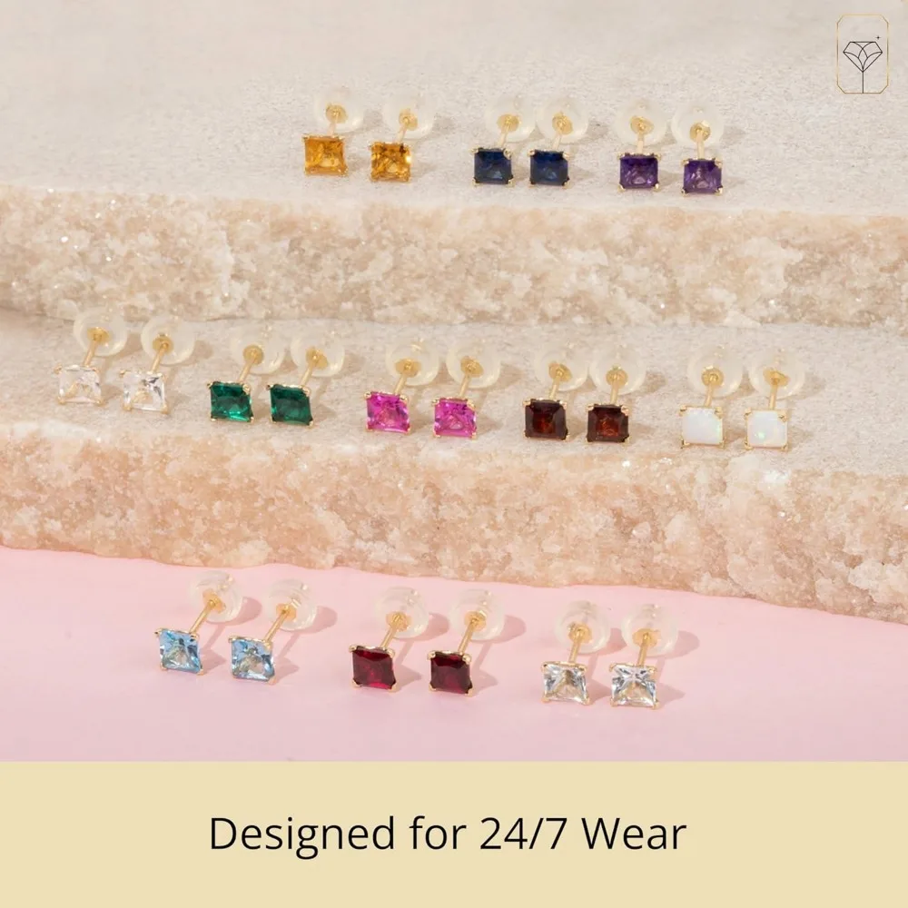 أقراط مربعة من الأحجار الكريمة مقطوعة بالأميرة من الذهب الأبيض أو الأصفر عيار 14 قيراط للنساء، جوهرة ميلاد 4 مم مع ظهر دفع
